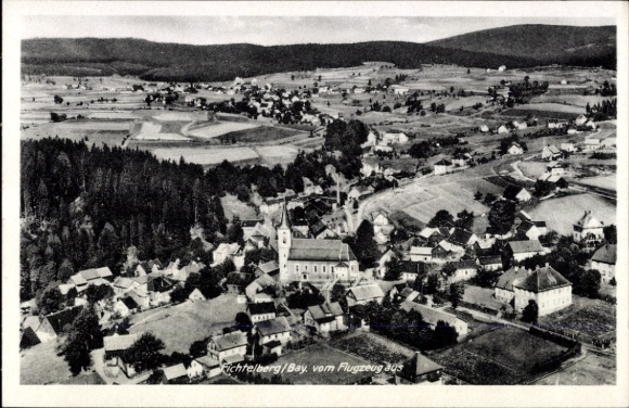 Postcard Fichtelberg in the Fichtelgebirge Upper Franconia, aerial view of church, houses, fields, forests