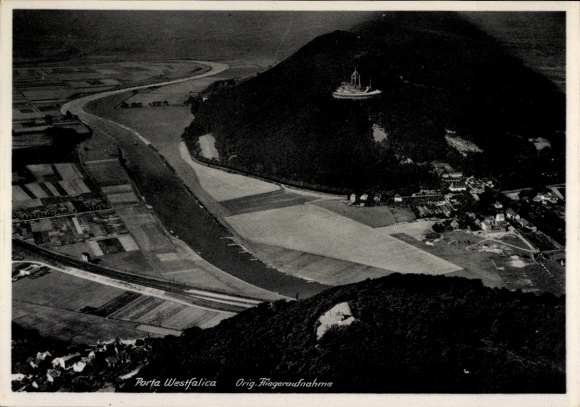 Postcard Porta Westfalica in North Rhine-Westphalia, aerial photograph, Kaiser Wilhelm I monument