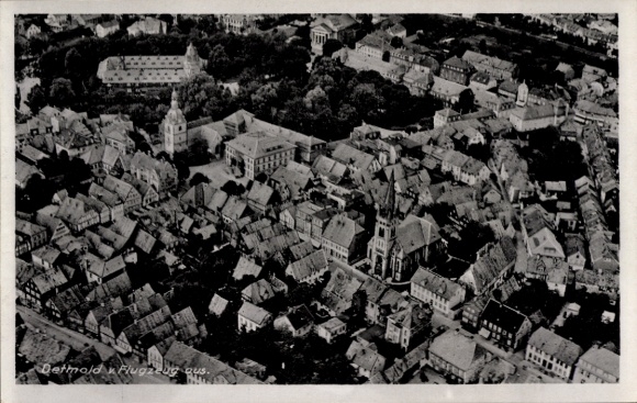 Postcard Detmold, aerial photograph, view of the town, church