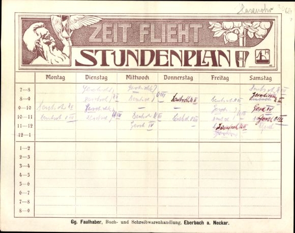 Timetable Georg Faulhaber, book and stationery store, Eberbach am Main around 1920