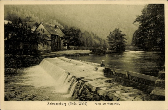 Postcard Schwarzburg in Thuringia, waterfall, picture of building, nature, quiet atmosphere