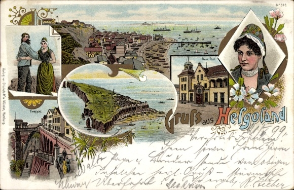 Litho Helgoland, Treppe, Post, Trachten, Tanz