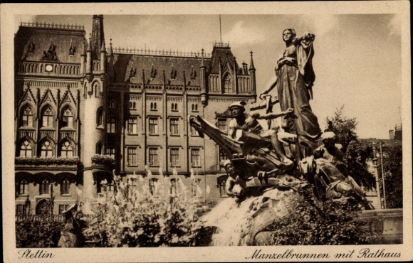 Postwaardestuk Briefkaart Szczecin Stettin Pommeren, Manzelbrunnen, stadhuis
