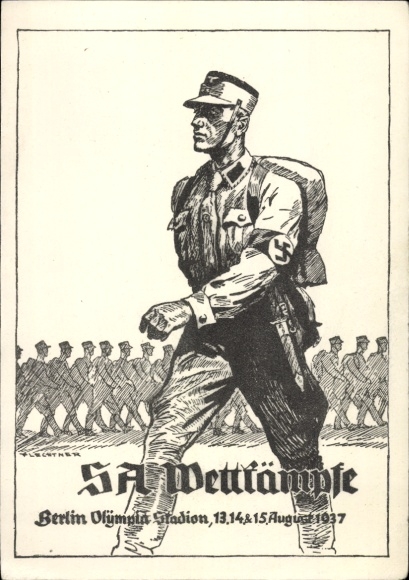 Artist Postcard Flechtner, Berlin Olympic Stadium, SA competitions 13-15 August 1937