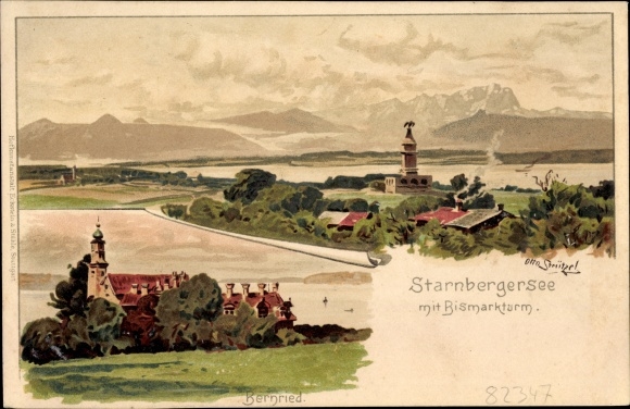 Artist Chromo-Litho Stützel, Otto, Bernried in Lower Bavaria, Lake Starnberg with Bismarck Tower