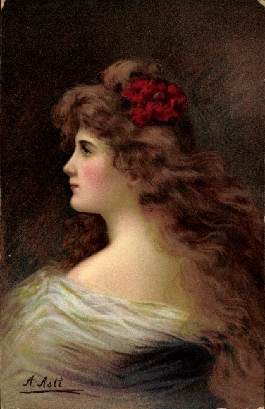 Artist Postcard Asti, Angelo, portrait of a young woman with long brunette hair