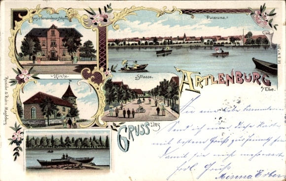 litho Artlenburg aan de Elbe, huis van de gemeenschapsleider, kerk, panorama