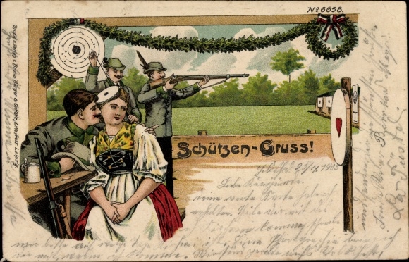 Chromo-Litho Schützen Gruß, Nordhäuser Kunst und Trachtenverein