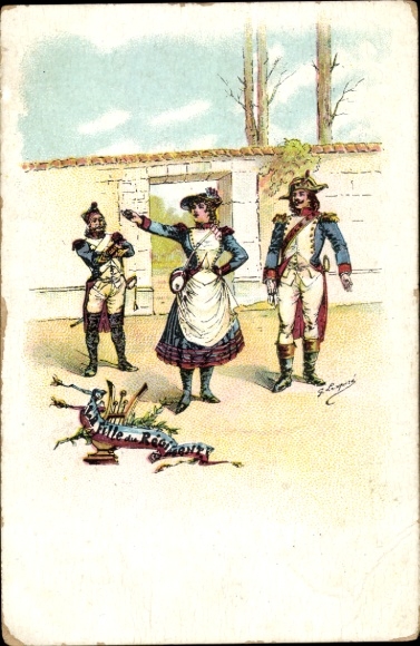 Postcard The Girl of the Regiment, Woman in French Uniform, French Soldiers