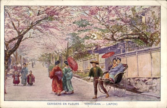 Artist Postcard Yokohama Pref. Kanagawa Japan, cerisiers, cherry blossom, rickshaw driver, walker