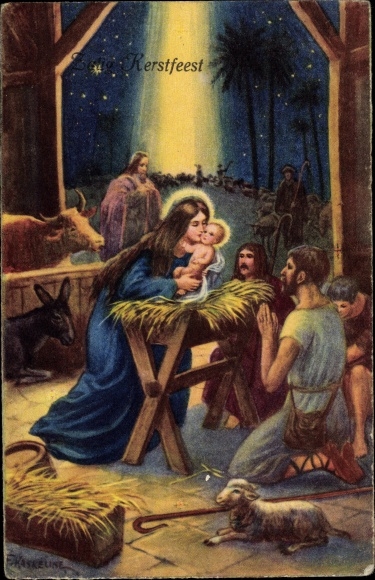 Ak Bethlehem Palästina, Weihnachtsgruß mit Krippe, Ochs, Esel, Hirten und Schafe