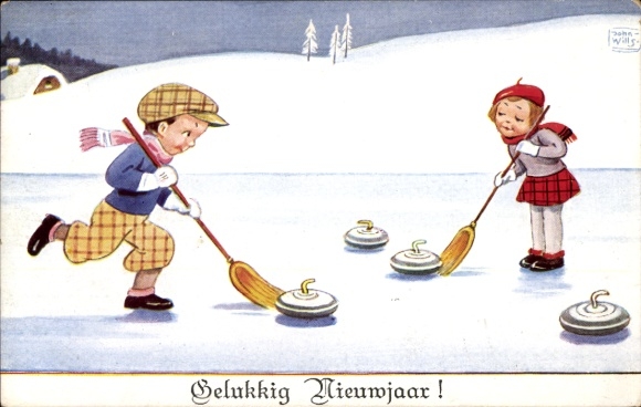 Artist Postcard Wills, John, Happy New Year, Children Playing Curling