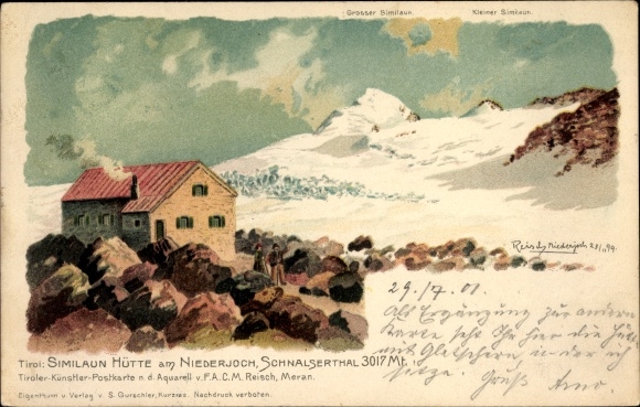 Artist Chromo-Litho Reisch, South Tyrol, Similaun Hütte at Niederjoch, Schnalsertal