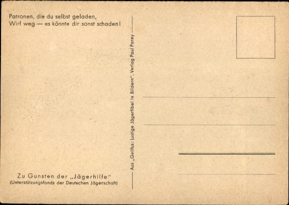 Artist Postcard Geilfus, What a self-loaded cartridge can do, funny hunter's primer in pictures