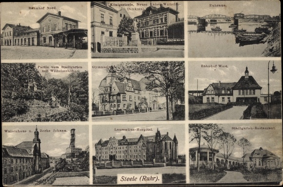 Postcard Steele Essen in the Ruhr area, West train station, Kaiser Wilhelm monument, Stadtgarten restaurant
