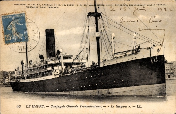 Postcard Le Havre Seine Maritime, The ship ''Niagara'' of the French shipping company ''Compagnie Gene...