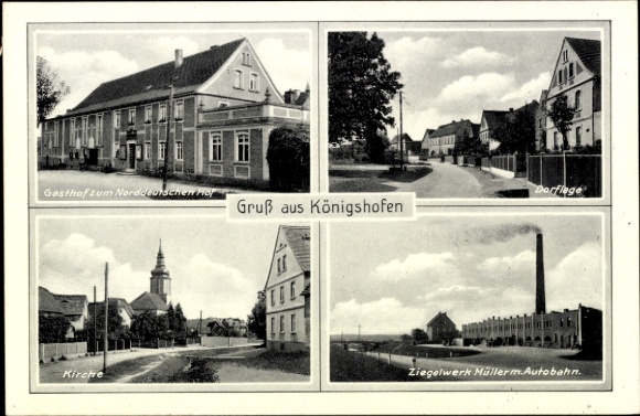 Ak Königshofen Heideland in Thüringen, Gasthof zum Norddeutschen, Kirche, Dorfansicht, Ziegelwerk
