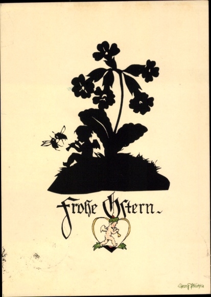 Scherenschnitt Künstler Ak Plischke, G., Glückwunsch Ostern, Kind, Bienen, Blumen