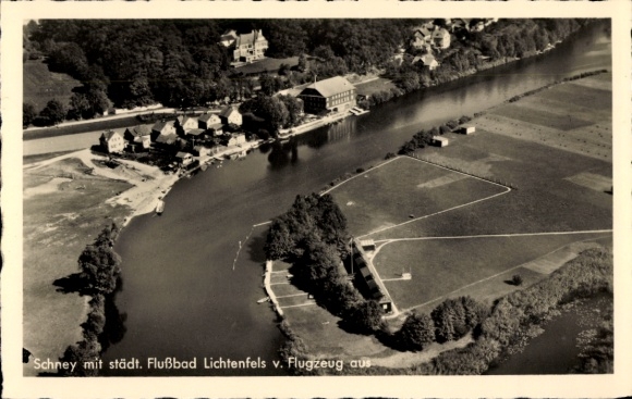Ak Schney Lichtenfels im Obermainland Oberfranken, Fliegeraufnahme, städtisches Flussbad