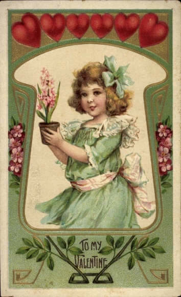 Embossed PC Congratulations Valentine's Day, Girl Portrait, Hearts