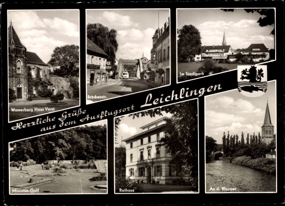 Postcard Leichlingen in the Rhineland, Wupper, town hall, miniature golf course, Wasserburg Haus Vorst