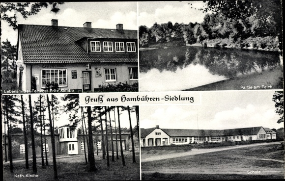 Postcard Hambühren in Lower Saxony, grocery store, pond, school, cath. Church