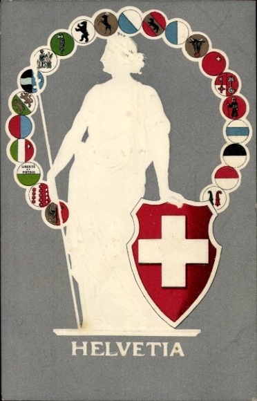 Embossed coat of arms PC Helvetia, Switzerland, national allegory, cantonal coat of arms
