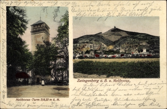 Postcard Zwingenberg on the mountain road in southern Hesse, panorama, Melibocus tower