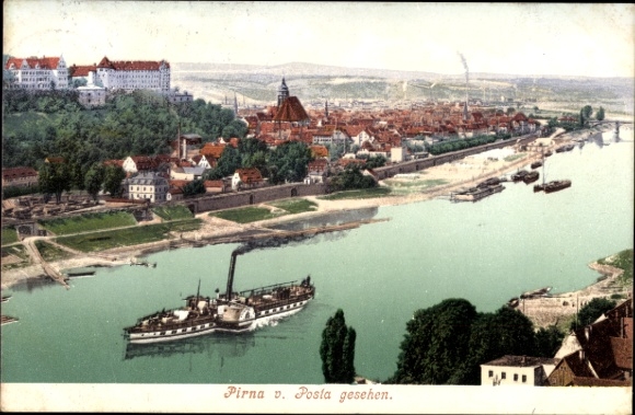 Ak Pirna an der Elbe, Stadtansicht  Fluss mit Schiffen, 