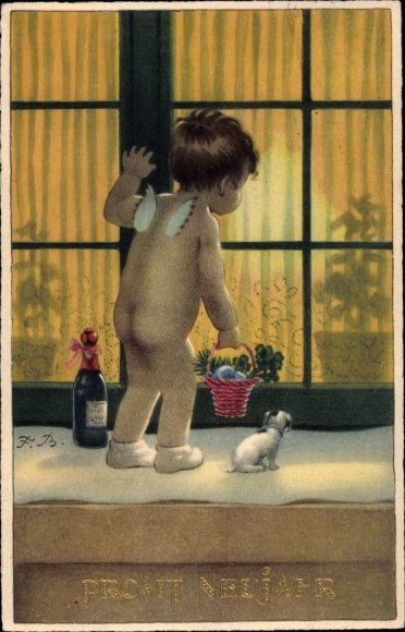 Artist PC Baumgarten, Fritz, Happy New Year, angel in front of a window, dog