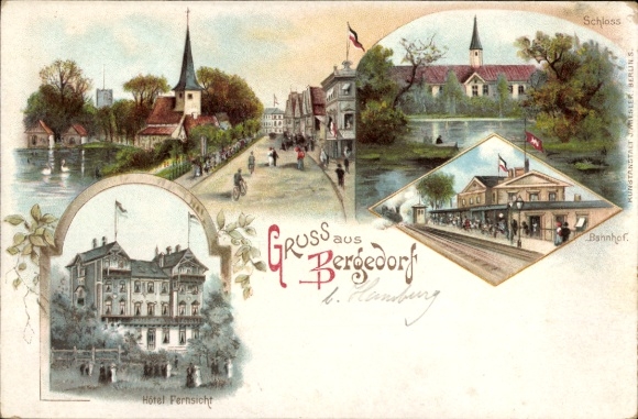 Chromo-Litho Hamburg Bergedorf, Hotel Fernsicht, train station, track side, castle, church