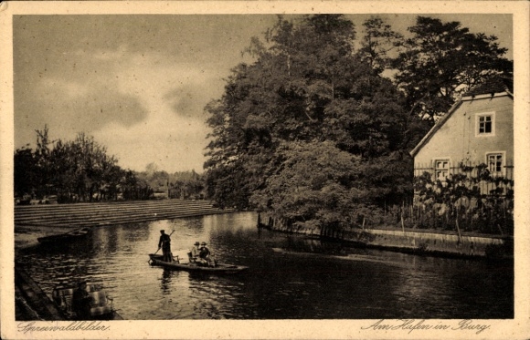 Ak Burg im Spreewald, Spreewald-aak, in de haven, gebouw, rivier