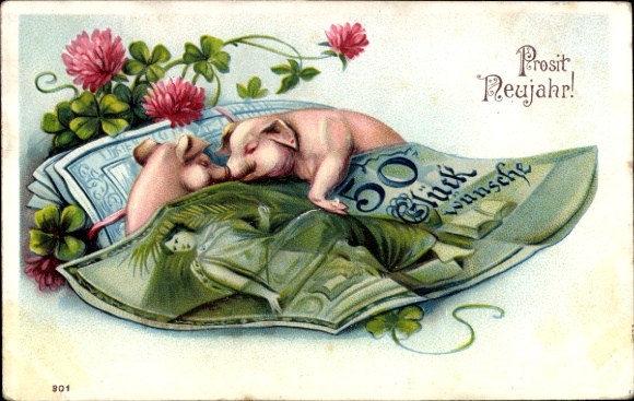 Embossed Postcard Happy New Year, lucky pigs, banknotes, banknotes, 50 Reichsmark