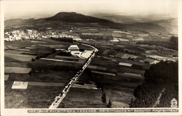 Postcard Altenberg in the Eastern Ore Mountains, Geisingberg with Berghof Raupennest, aerial photograph