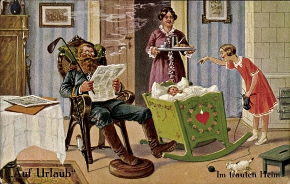 Kunstenaar Ak Thiele, Arthur, Op vakantie, In het gezellige huis, Soldaat, Pijp, Familie, Wieg