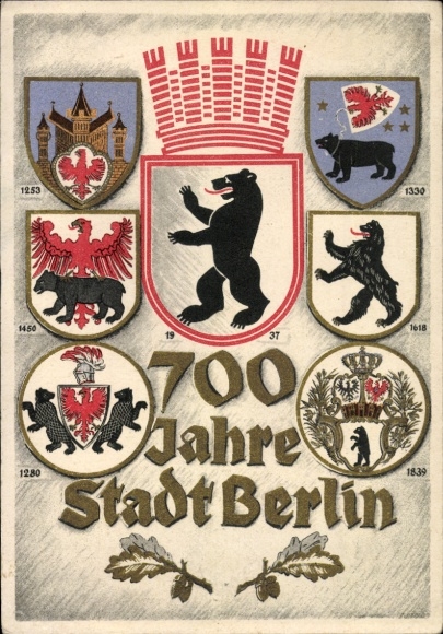 Coat of arms Postcard Berlin, 700th anniversary, city coat of arms since 1253 to 1937, Berlin bear