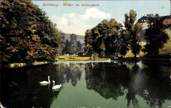 Postcard Bad Berleburg in Westphalia, pond in the castle park, swans, beautiful nature, colorful