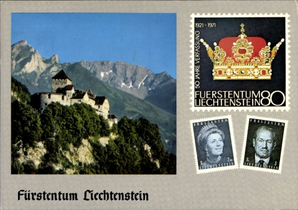 Znaczki KP Vaduz Liechtenstein, Zamek Vaduz, 50 lat Konstytucji 1921-1971, Para książęca