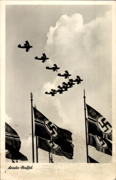 Postcard Luftwaffe, fighter aircraft Arado Ar 65, squadron formation, Nazi Party Rally, Wehrmacht Day