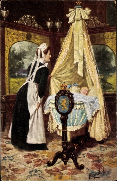 Artist PC Gerstenhauer, Johann Georg, nanny considers sleeping baby in the cradle