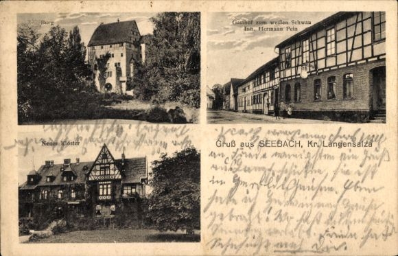 Postcard Seebach Mühlhausen in Thuringia, Inn at the White Swan, Monastery, Castle