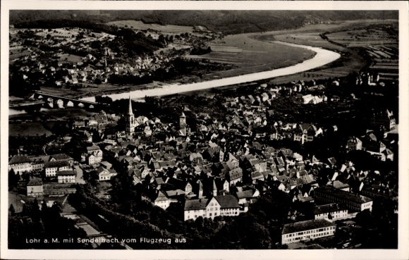 Postcard Lohr am Main Lower Franconia, total view with Sendelbach, aerial photograph