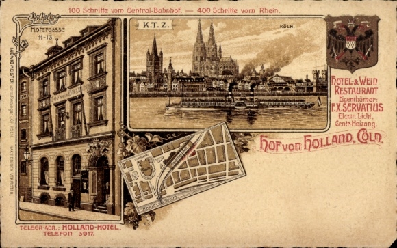 City map coat of arms Chromo-Litho Cologne on the Rhine, Hotel Hof von Holland, Hofergasse 11