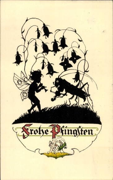 Paper cutting artist Postcard Plischke, G., Happy Pentecost, Fairy plays music with grasshopper