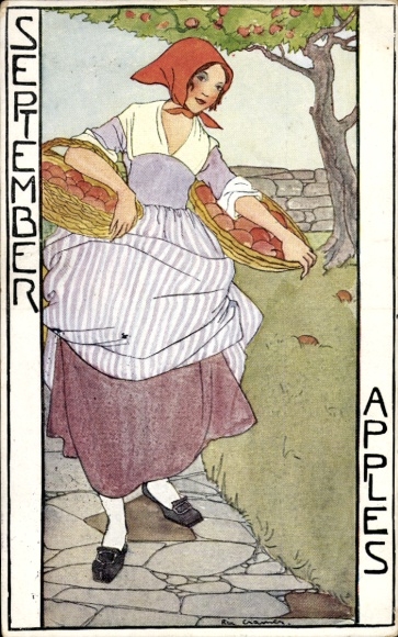 Artist Postcard Cramer, Rie, September, allegory, farmer's wife, apples
