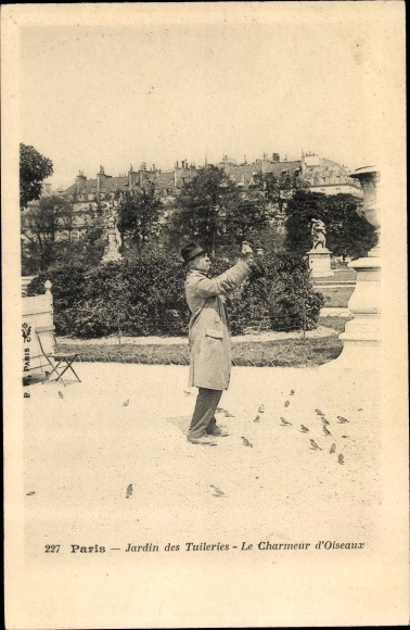 Postcard Paris, Tuileries Garden, The Bird Charmer