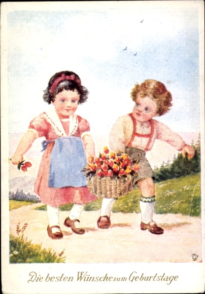 Postcard Congratulations Birthday, Children, Flower Basket