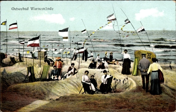 Postcard Ostseebad Rostock Warnemünde, beach party, sandcastles, flags, holidaymakers