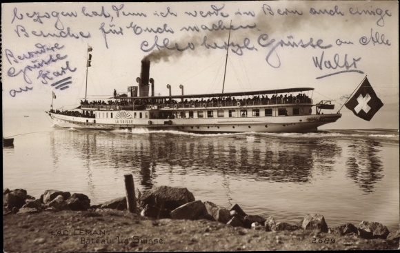 Postcard Lac Leman, Bateau La Suisse, saloon steamer on Lake Geneva