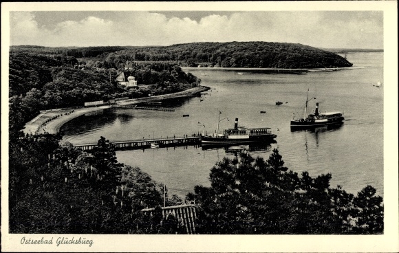 Postcard Glücksburg on the Baltic Sea, pier, steamer